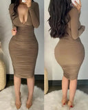 Nukty Sexy Rhinestone Decor Cold Shoulder Ruched Bodycon Long Sleeve Dress Midi Skinny Party women's dresses