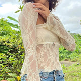 Nukty Floral Lace Mesh Sheer 2 Piece Set Long Sleeve Shrug T-shirt Strapless Tube Top Fairy Coquette Y2K Vintage Crop Tops Women