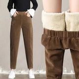 Nukty Women Corduroy Warm Pants Thick Plush Casual Pants Autumn Winter Leggings High Waist Harem Pants Trousers