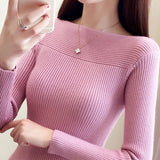 Nukty Women Ribbed Slash Neck Slim Sweater Knitted Long Sleeve Office Sweaters Casual Solid Pullovers For Women Autumn
