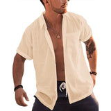 Nukty Mens Short Sleeve Button Up Shirts Linen Cotton Beach Tops Turn Down Collar Summer T Shirt with Pocket