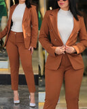 Nukty business casual outfits 2pcs Women Office Clothing Set Long Sleeve Blazer Jacket & High Waist Pencil Pants Solid Color