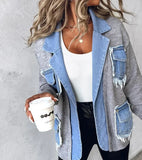 Nukty Raw Hem Cardigan Women Sweaters Patchwork Notched Collar Knitted Denim Jackets Jumpers Pockets Thick Coats Autumn Winter Outwear