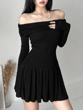 Nukty Casual Pleated A-line Dress y2k Elegant Solid Black Slash Neck Long Sleeve Loose Dresses for Women Autumn All-match