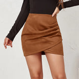 Nukty Suede Irregular Skirts Summer Women High Elastic Waist Pleated Zipper Skirt