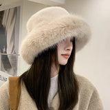 Nukty Winter Hat for Women Faux Fur Fluffy Bucket Hat for Women Luxury Plush Hat Thicken Snow Oversized Fur Bucket Hat Soft Panama Cap