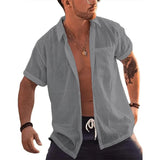 Nukty Mens Short Sleeve Button Up Shirts Linen Cotton Beach Tops Turn Down Collar Summer T Shirt with Pocket