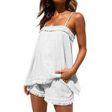 Nukty Summer 2 Piece Set Outfits Women Sexy Solid Color Boho Sling Tassel Shorts Sets Ladies Halter Fringe Top Beach Outfits Femme