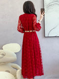 Nukty Designer Fashion Autumn Dress Women Sexy V Neck Full Sleeve Red Lace Hollow Out Flower Elegant Long Dresses With Belt