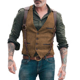 Nukty Herringbone Men's Vests Men Brown Waistcoat Vest Man Steampunk Jacket Striped Tweed V-neck Slim Fit Gilet Wedding Clothing