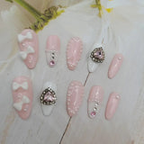 Nukty Handmade Custom Made False Nail Art With Pearls And Nows Wearable Nail Pink Almond Style Section Patch Removable Girl Fake Nail