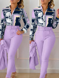 Nukty business casual outfits Elegant Women Printed Two Piece Suit Sets Spring Autumn V Neck Long Sleeve Shirt Top & Long Pants Set With Belt Workwear Outfits