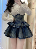 Nukty Sweet Suit Skirt Woman White Casual Shirt High Waist Slim Skirt Y2k Mini Dress Vintage Korean 2 Piece Set Autumn