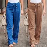 Nukty Women Cotton Linen Casual Pants Summer Fashion Drawstring Elastic Waist Loose Straight Pants Female Solid Ankle-Length Trousers