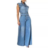 Nukty Jumpsuits Women One Piece Denim Jeans Overalls Sleeveless High Waist Turn Down Collar Wide Leg Long Pants Rompers Summer 2024