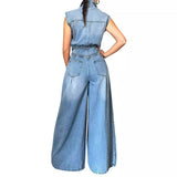 Nukty Jumpsuits Women One Piece Denim Jeans Overalls Sleeveless High Waist Turn Down Collar Wide Leg Long Pants Rompers Summer 2024