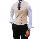 Nukty Men Vest Brown Solid Peaked Lapel Double Breasted Sleeveless Jacket Wedding Banquet Business Casual Slim Waistcoat