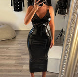 Nukty Women's Black Pu Sexy Backless Suspender Dress Temperament Commuting Woman Fashion Sleeveless Slim Dresses