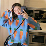 Nukty Women's Carrot Sweater Cozy Knit Cute Cartoon Crew Neck Long Sleeve Oversized Pullover Jumper Fall Winter
