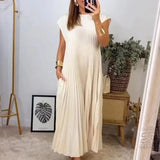 Nukty Solid Color Loose Swing Sleeveless Long Dress Female Round Collar Basic Pleated Dress Spring Summer Casual Wome Beach Boho Robe