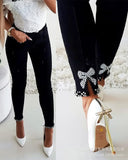 Nukty Beaded Slit Bowknot Decor Jeans Autumn Women Pearl Bow Casual Loose Splice Sheath Long Pants Slim Fit Denim Pencil Trousers