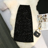 Nukty Autumn Winter Velvet High Waist Sequined Women's Wrap A-Line Skirts New Elegant Back Split Pencil Skirts Female