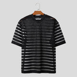 Nukty streetwear fits Men T Shirt Mesh Striped O-neck Short Sleeve Transparent Men Clothing Streetwear Sexy Korean Fashion Tee Tops S-5XL