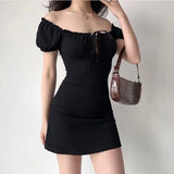 Nukty Summer Sexy Mini Dress Women Short Sleeved Lace up Hollow Casual Backless Folds Bodycon Black Dress Party Elegant A-LINE Dresses