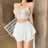 Nukty Ruffle Mini Skirt Women Chiffon Patchwork Ribbon Blue High Waist Fairycore Tulle Skirt Shorts Cute Sexy Skort Summer