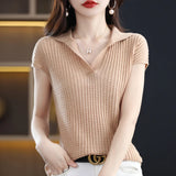 Nukty Spring and Summer New Cashmere Sweater Polo collar Women's Short sleev Knitted Sweater Loose Thin Pullover Short-Sleeved