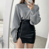 Nukty Black Mini Sexy Skirt Sexy High Waist Package Hip Pencil Skirt Women Korean Fashion Pu Faux Leather Split Zipper Short Skirts