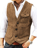 Nukty Men's Vests Business Suit Vest Herringbone Tweed V Neck Formal Waistcoat For Wedding Suit Or Tuxedo Men Vest