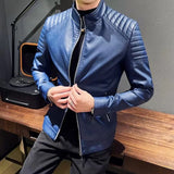 Nukty Spring New Men Solid Color Fashion Long Sleeve Faux Leather Coats Male Stand Collar Leather Jacket