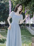 Nukty Blue Fairycore Dress Women Sweet Thin Defined Midi  Romantic Summer Chic French Style Square Collar Gentle New Arrival OOTD