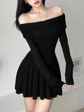 Nukty Casual Pleated A-line Dress y2k Elegant Solid Black Slash Neck Long Sleeve Loose Dresses for Women Autumn All-match