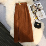 Nukty Autumn Winter Corduroy Women's Skirts with Belted New High Waist Straight Classic Front Split Skirts Ladies Female