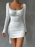 Nukty Long Sleeve Sexy Bodycon Mini Dress Women White Square Neck Pleated Party Club Wear Drawstring Ruched Outfit