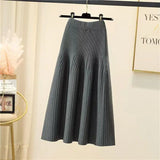 Nukty Women Autumn Winter Loose A-Line Midi Skirt Casual Elegant Office Lady Skirt Trendy All-Match Basic Skirt Solid Pleat Knit Skirt