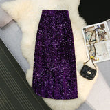 Nukty Autumn Winter Velvet High Waist Sequined Women's Wrap A-Line Skirts New Elegant Back Split Pencil Skirts Female