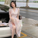 Nukty Summer V-neck Print Dress French Style Women Elegent Party Pink Midi Dress Female Fashion A Line Holiday Korean Clothes Vestidos