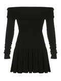 Nukty Casual Pleated A-line Dress y2k Elegant Solid Black Slash Neck Long Sleeve Loose Dresses for Women Autumn All-match