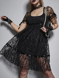 Nukty Lace Mall Gothic Aesthetic Black Women Dresses Grunge See Through Sexy Puff Sleeve Mini Dress A-line Summer Partywear