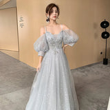 Nukty DRESS TO IMPRESS Bridesmaid Dress Temperament Lantern Sleeve Sequin Party Dress Fairy Stage Performance Dress Elegant Banquet Dress A-Long Dress