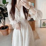 Nukty Korean Floral Print Midi Dresses for Women Summer New Pleated Slim Waist V-neck Long Sleeves Chiffon Sweet Female Clothing