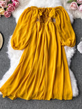 Nukty Autumn Women Slash Neck Long Sleeve Midi Dress Female Yellow/Red/Pink High Waist Ruffle Big Swing Chiffon Robe Fashion New