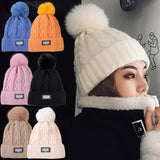 Nukty thicken Fur Pom Knitted Beanies Hat Female Plush Winter Fleece-lined Warm Hats for Women Girl's Outdoor Woolen Thermal Gorro Cap