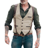 Nukty Herringbone Men's Vests Men Brown Waistcoat Vest Man Steampunk Jacket Striped Tweed V-neck Slim Fit Gilet Wedding Clothing