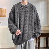 Nukty Solid Colour Ribbed Twist Pattern Round Neck Pullover Sweater Men Women Autumn Winter Couple Loose Knitted Woolen Top Warm Soft