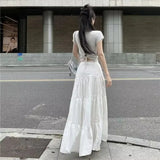 Nukty Spring Summer Women Skirts Vintage High Waist Elastic Patchwork White White Chic Long Cake A-line Skirt for Student