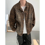 Nukty Hip Hop Men's Vintage Leopard Print Denim Jackets  Autumn Fashion Lapel Collar Zipper Jacket Coat Holiday Jackets Streetwear